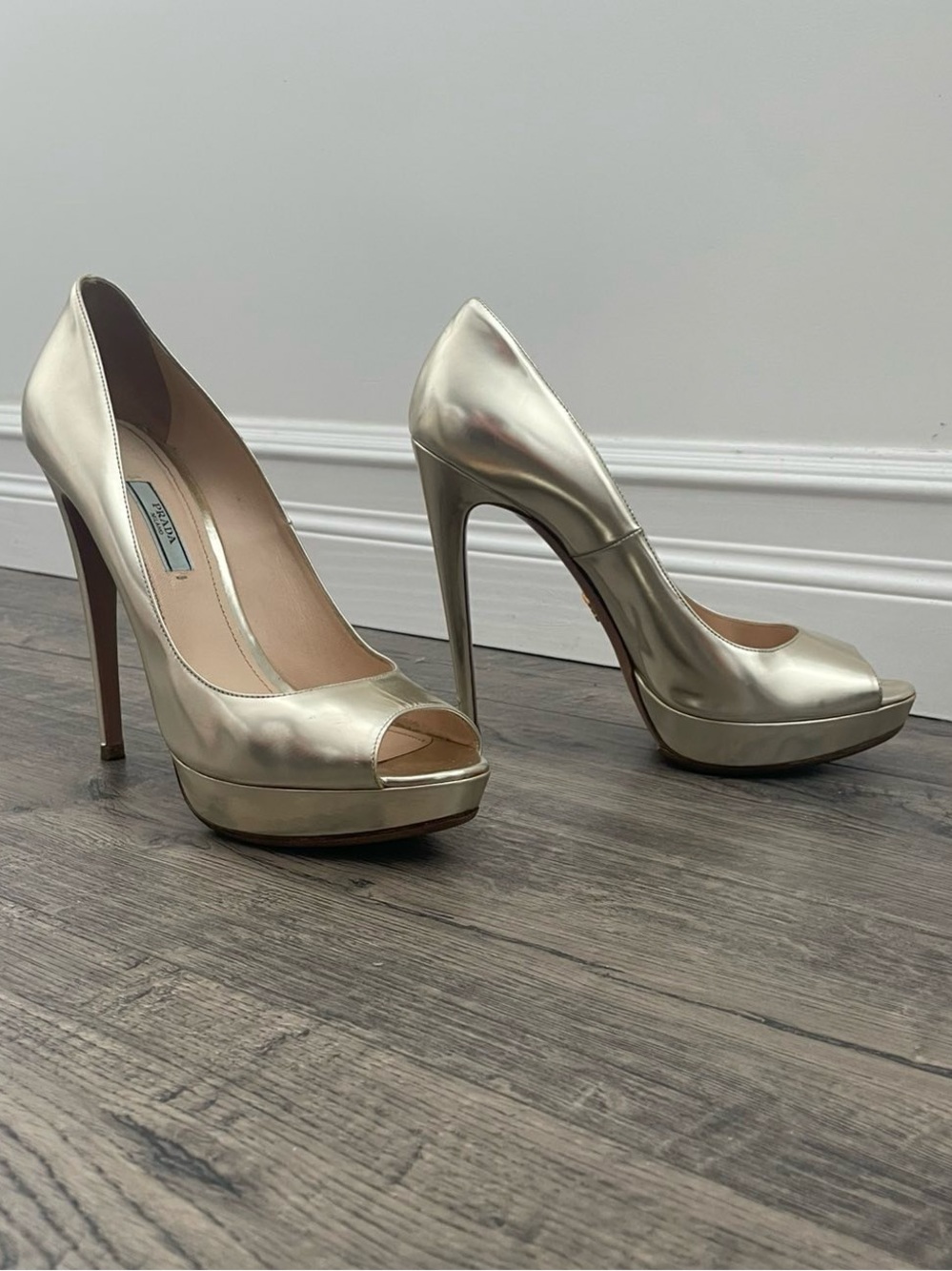 Prada Metallic Champagne Peep-Toe Platform Pumps